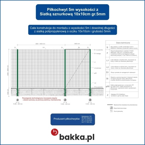 Zielony piłkochwyt o wysokości 5 metrów z siatką o oczkach 10x10 cm i słupami 6-metrowymi, dostępny do indywidualnego zamówienia w wybranym rozmiarze.