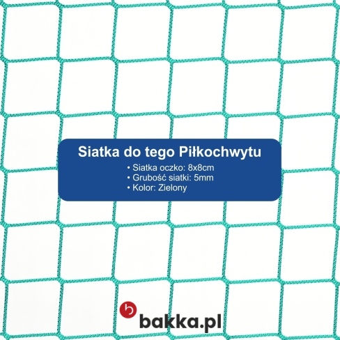 Piłkochwyt 5 metrów wysokości wykonany z siatki o oczkach 8x8 centymetrów, dostępny w zielonym i szarym kolorze, sprzedawany zgodnie z podanymi przez klienta parametrami.
