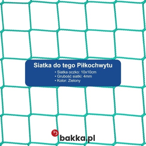 Wysoki piłkochwyt o wysokości 6 metrów z siatką zieloną lub grafitową o oczkach dziesięciocentymetrowych i słupami w kolorze zielonym sprzedawany na indywidualne zamówienie