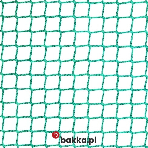 Siatka ochronna z polipropylenu o oczkach 4,5 cm, sprzedawana na wymiar w kolorach zielonym, niebieskim i czarnym.