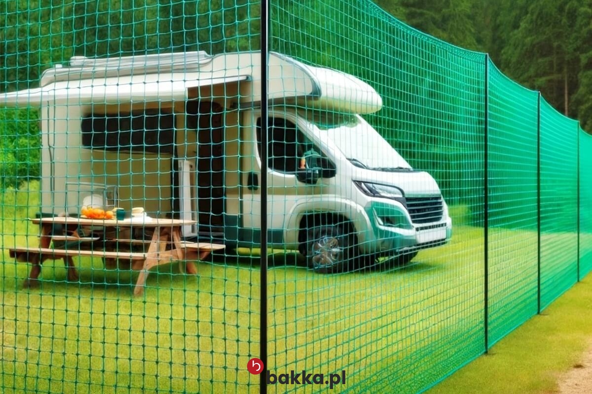  Bakka - Mobilne ogrodzenie tymczasowe do kampera z siatką o oczkach 1x1 cm w szarym lub czarnym kolorze, sprzedawane na indywidualne wymiary. 